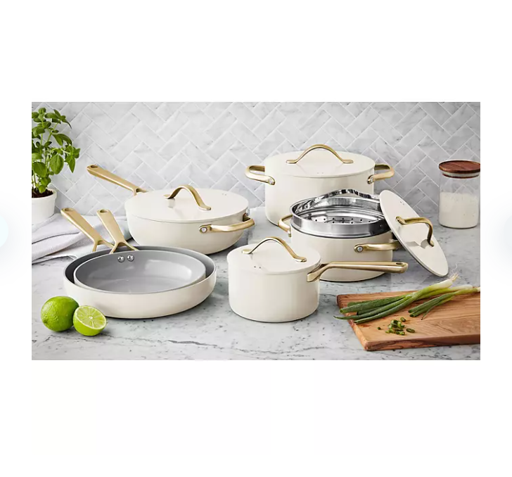 New! Cream and Gold 11-Piece Ceramic Nonstick Cookware Set Pot and Pan White