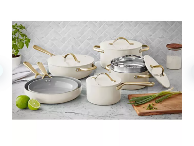New! Cream and Gold 11-Piece Ceramic Nonstick Cookware Set Pot and Pan White