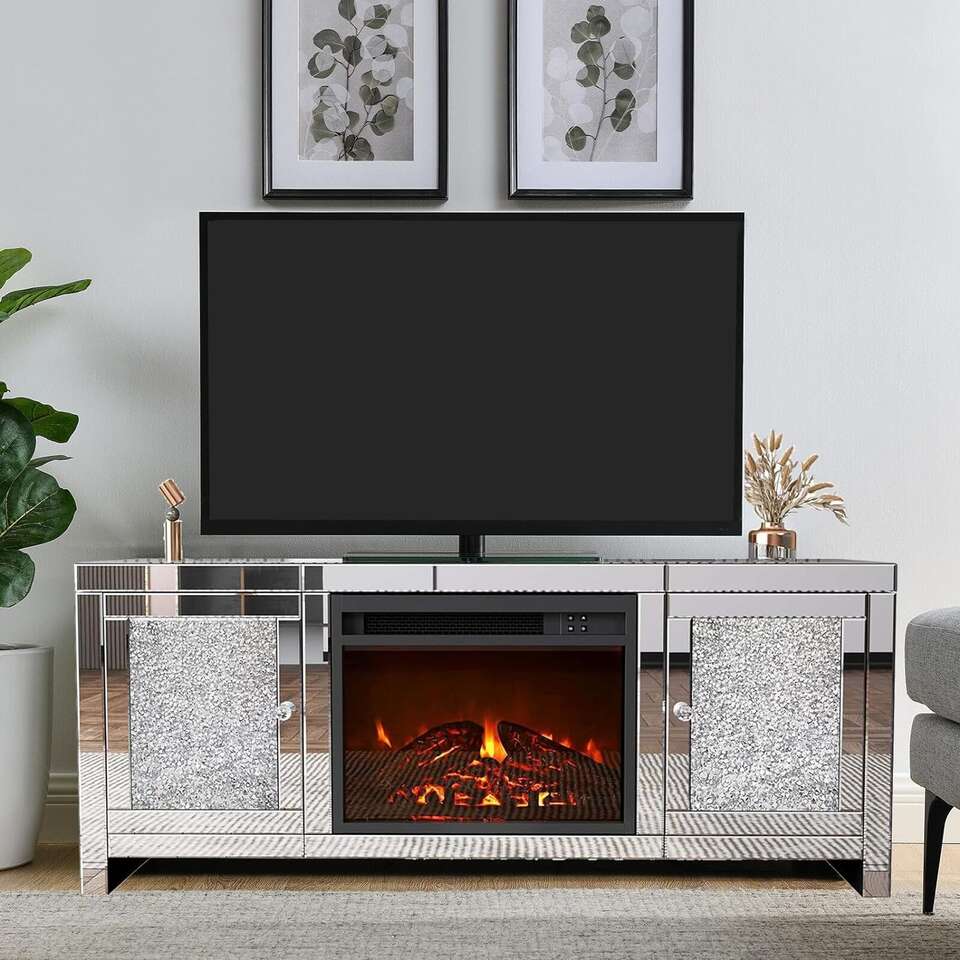 New in Box! COSVALVE 47 Inch Silver TV Stand, Mirrored Fireplace TV Stand LED Light, Modern Entertainment Center, Console Table