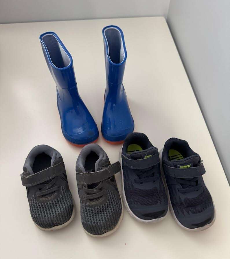 Toddler Rain Boots and 2 pairs Nike Shoes, Size 6