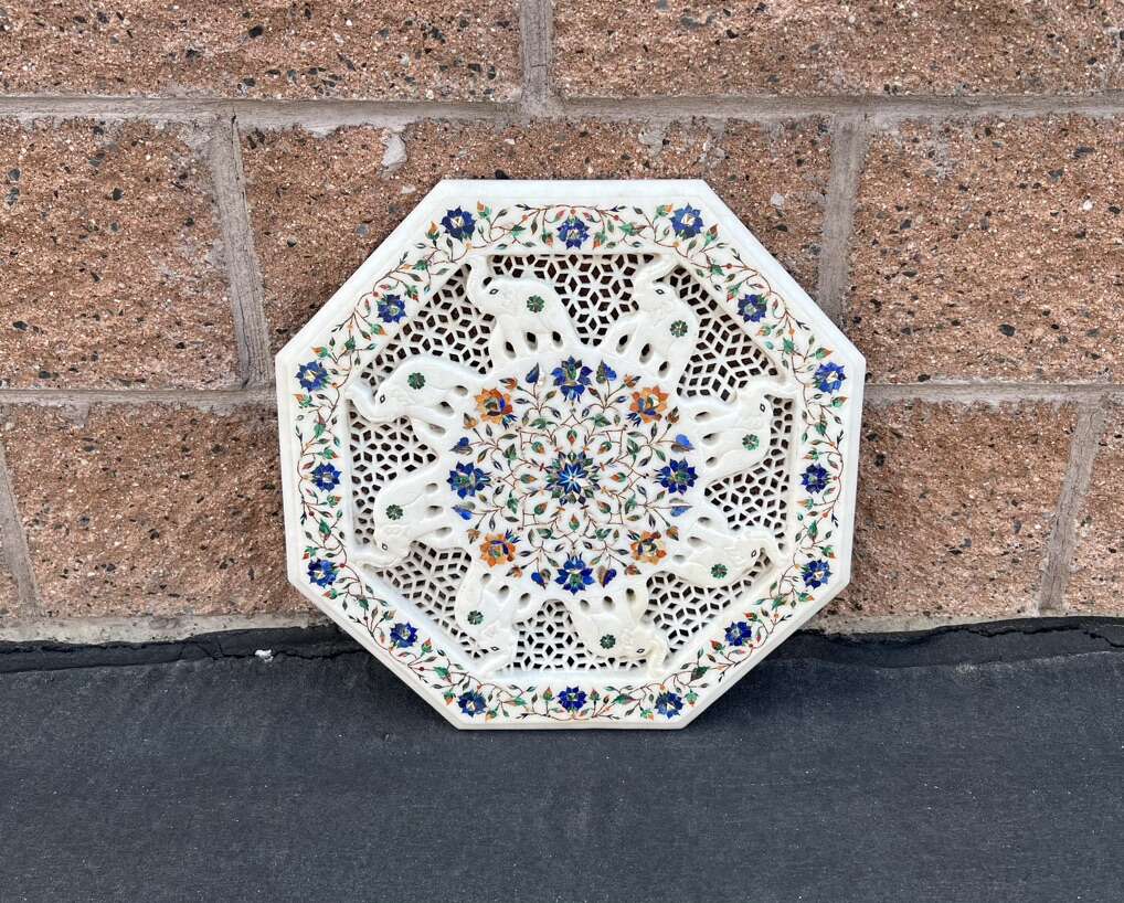 Carved Marble Center Table Top With Elephant