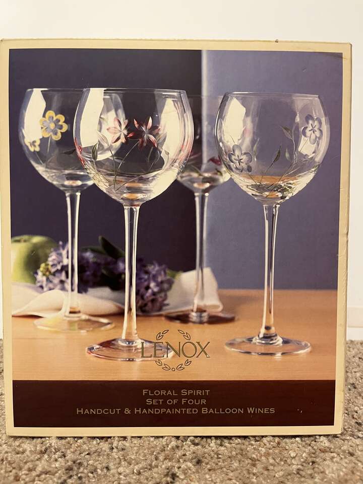 Lenox Blown Glass Hand Painted Gems Balloon Wine Glasses~ Set of 4 NEW in Box