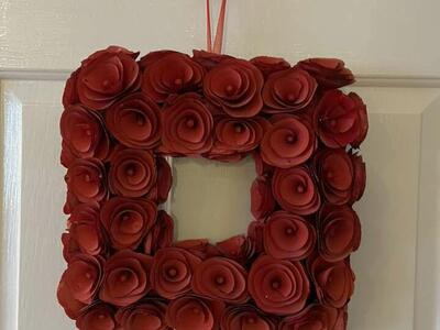 Red Wooden Flower Wreath 14 Inches Squared