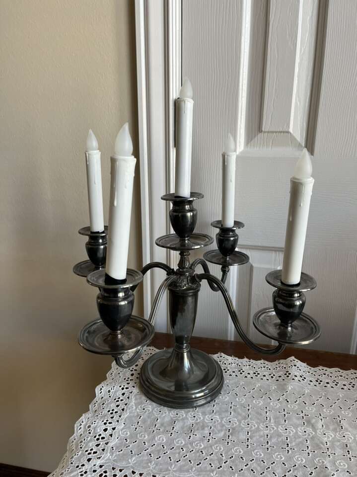 candle holder candelabra silver. 12 tall 17 wide.