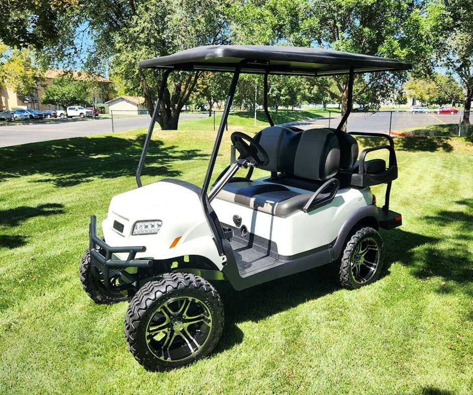 New 2025 Lifted 4-Passenger Metallic Glacier White Club Car Electric ONWARD Electric Golf Cart