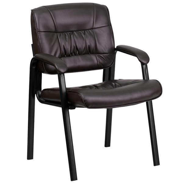 Brown Leather Soft Executive Side Reception Chair with Black Metal Frame