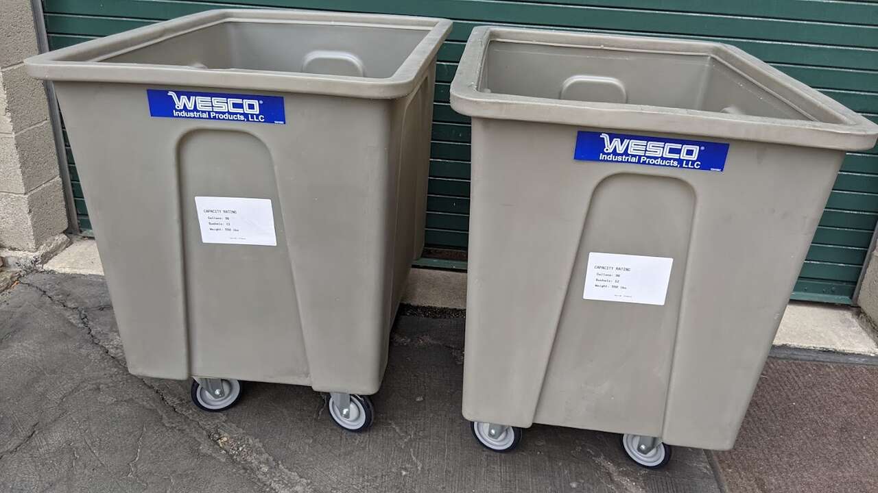 Wesco Products 96 Gallon 12 Bushels Plastic Box Truck, 5 inch Polyurethane Wheels, Gray $830. Retail, **Less Than 1/2 Price**