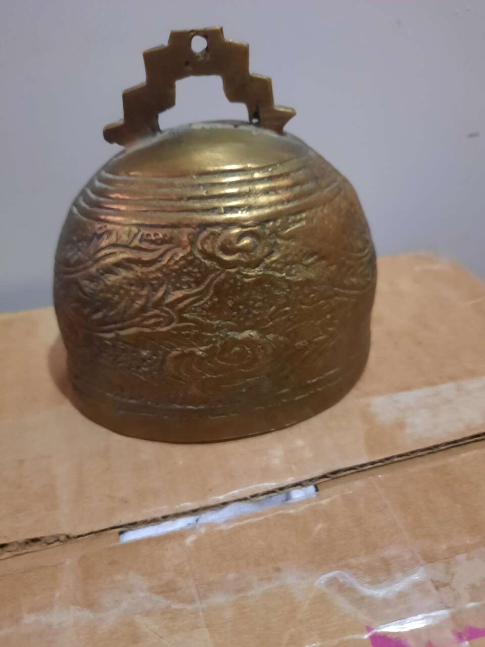 Antique Ornate Chinese Bronze Copper Bell Relief Dragon Phoenix Gilt Gong