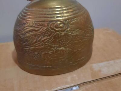 Antique Ornate Chinese Bronze Copper Bell Relief Dragon Phoenix Gilt Gong