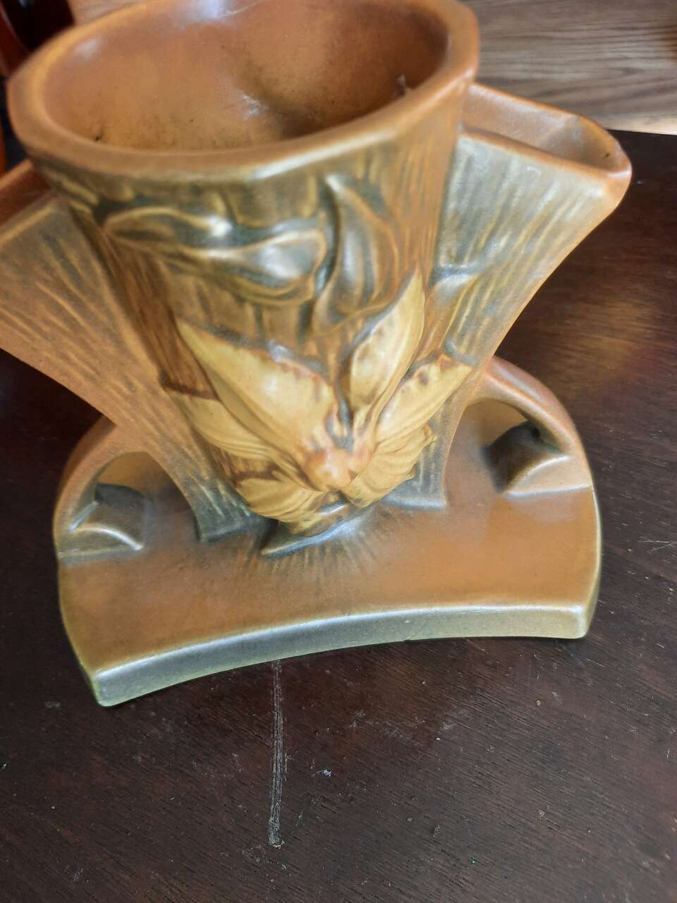 Roseville CLEMATIS Brown 1944 Vintage Art Pottery Ceramic Triple Vase 192-5