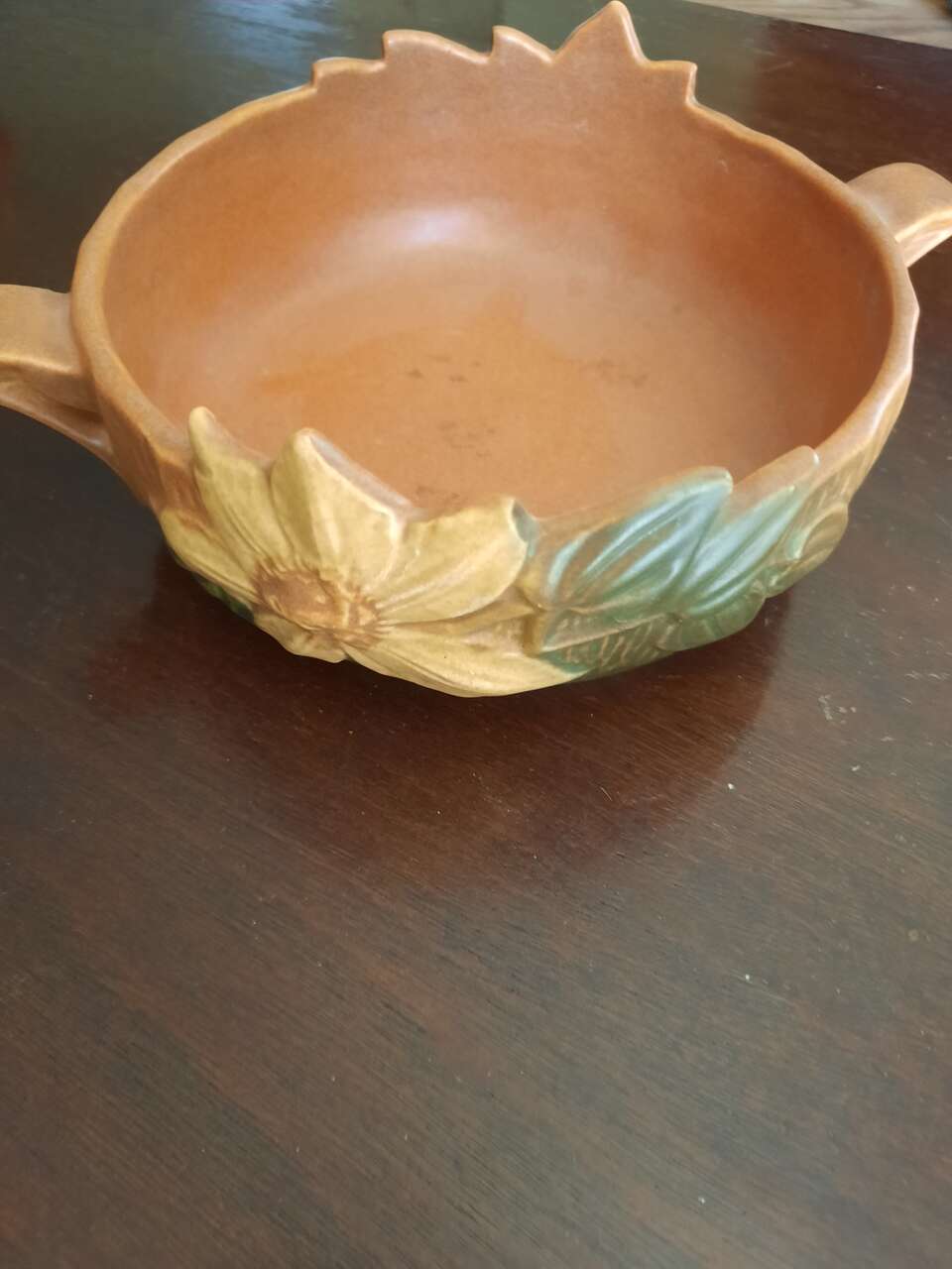 Vintage Roseville Art Pottery Double Handled Orange Rust Clematis Bowl 456-6"