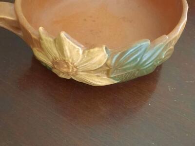 Vintage Roseville Art Pottery Double Handled Orange Rust Clematis Bowl 456-6"