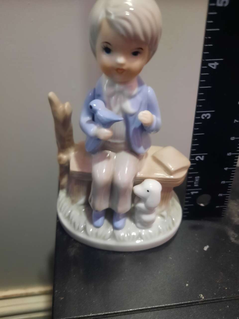 vintage Porcelain Figure Of Boy On Bench With Bird And Dog