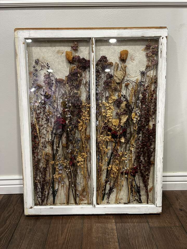 Dried Flowers In Antique Window Frame