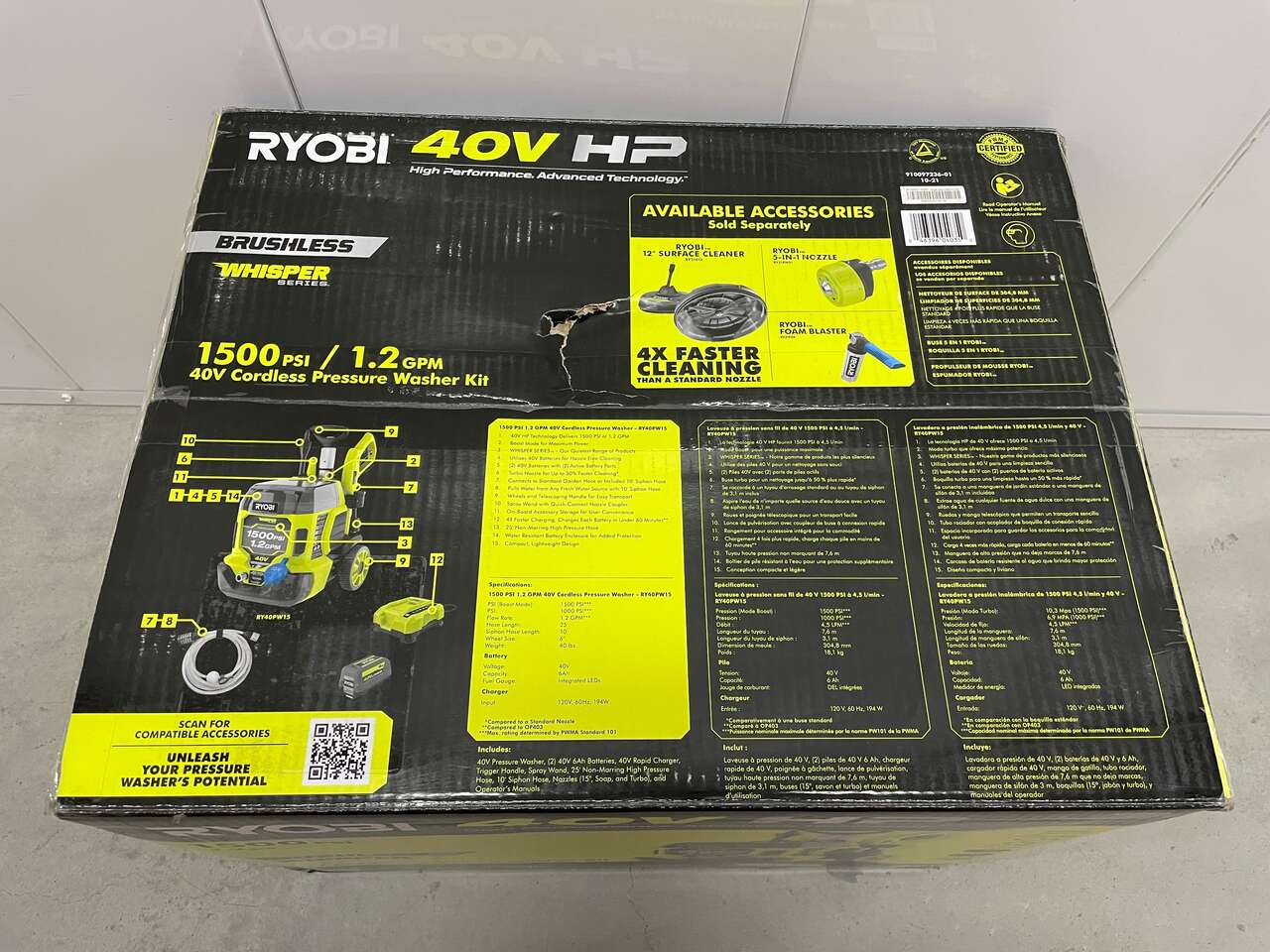 [NEW] Ryobi 40V 1500 PSI 1.2GPM Electric Cold Water Pressure Washer w/ 2 6Ah Batteries & Charger