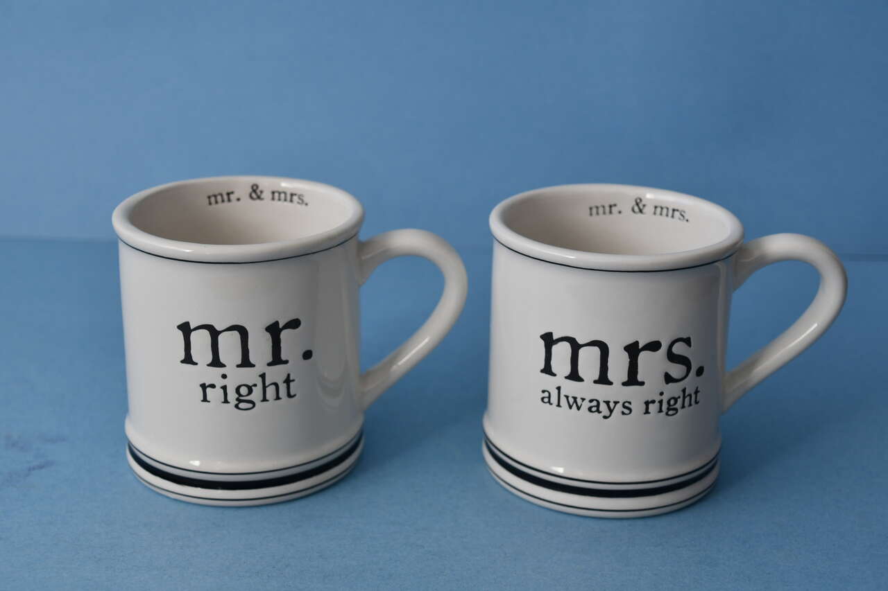 MR. RIGHT and MRS. ALWAYS RIGHT MUGS ~ MUD PIE ~ Height 4 in ~ CUTE GIFT ~ NEW ~ NEVER USED!