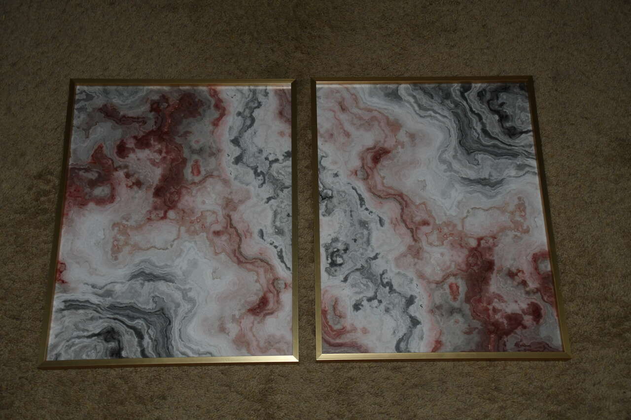 Set of 2 GEO MARBELIZED Pictures ~ 15 in x 19 in Including Frame ~ Pink & Gray ~ Gold Frames