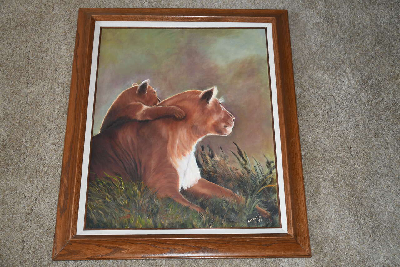 ORIGINAL OIL on CANVAS ~ LIONS ~ PINKERTON '89 ~ 25" x 29" Including the Frame ~ BEAUTIFUL!