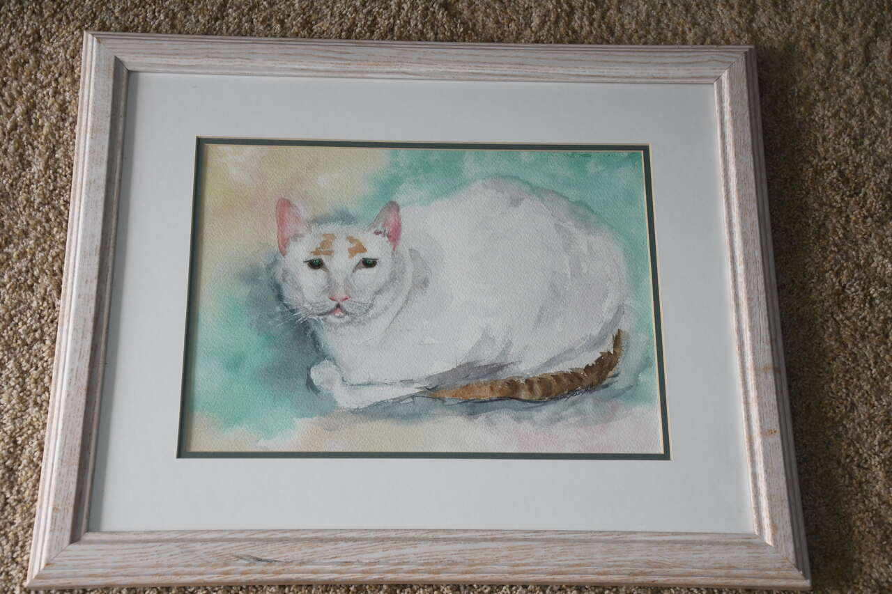 ORIGINAL WATERCOLOR "HEAD of the HOUSE" CAT PICTURE ~ JOAN SEARS MILLER ~ 22" x 18" Inc Frame