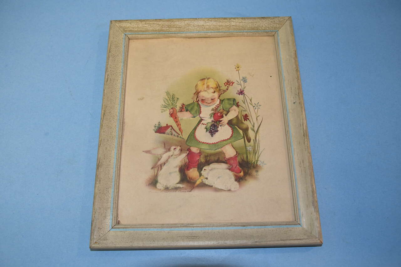 VINTAGE GIRL with BUNNY RABBITS PICTURE ~ 9" x 12" Including Frame ~ IMAGE IS RAISED