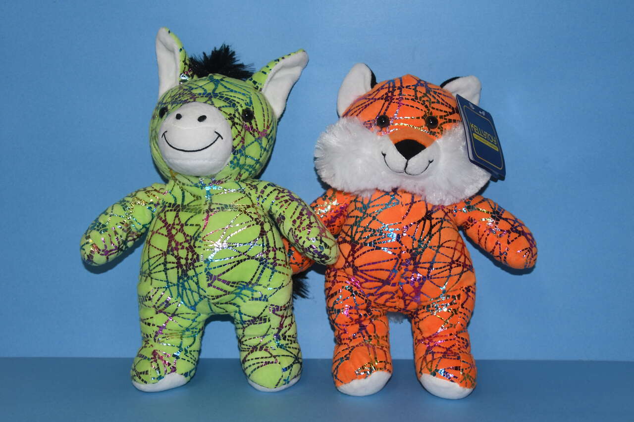 2 KELLYTOY FOIL PLUSH STUFFED ANIMALS ~ FOX w/TAG & DONKEY ~ Height 12" ~ CLEAN!