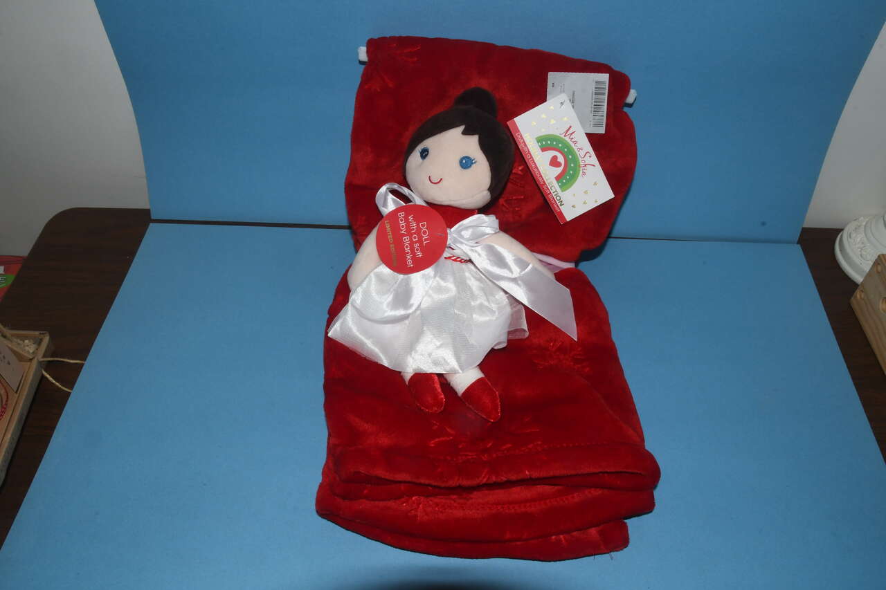 NEW MIA & SOFIA SOFT 13" DOLL & 30" x 40" RED BABY BLANKET (SNOWFLAKE PATTERN)