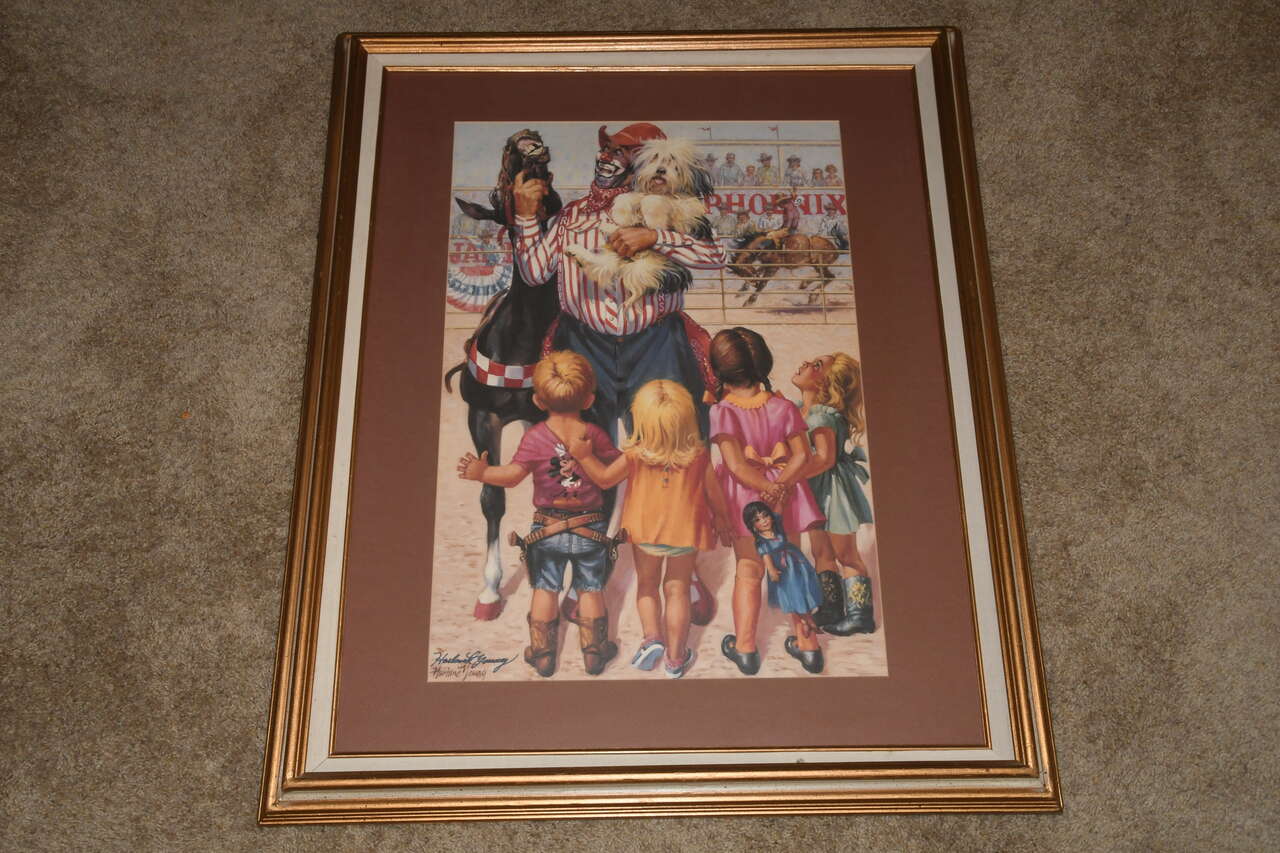 LARGE RODEO CLOWN PICTURE ~ HARLAND YOUNG ~ 26" x 32" FRAMED ~ DOG ~ KIDS