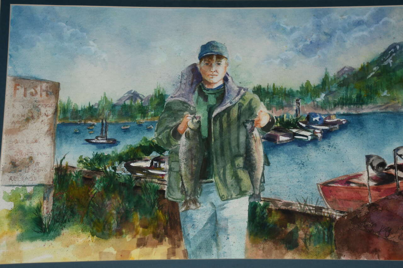 ORIGINAL SIGNED "BOY FISHING" WATERCOLOR ~ 26" x 32" FRAMED