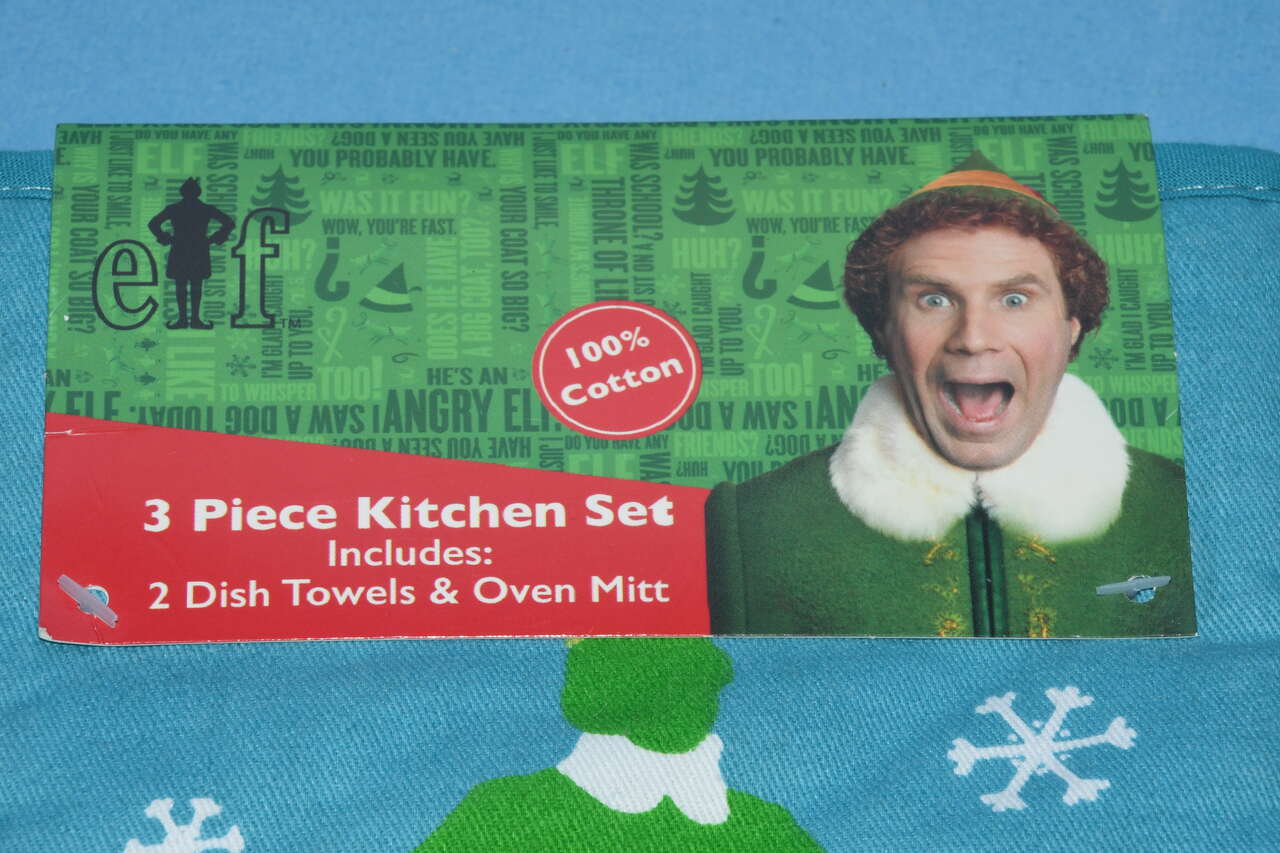 NWT ~ BUDDY THE ELF 3 PIECE KITCHEN TOWEL & OVEN MITT SET