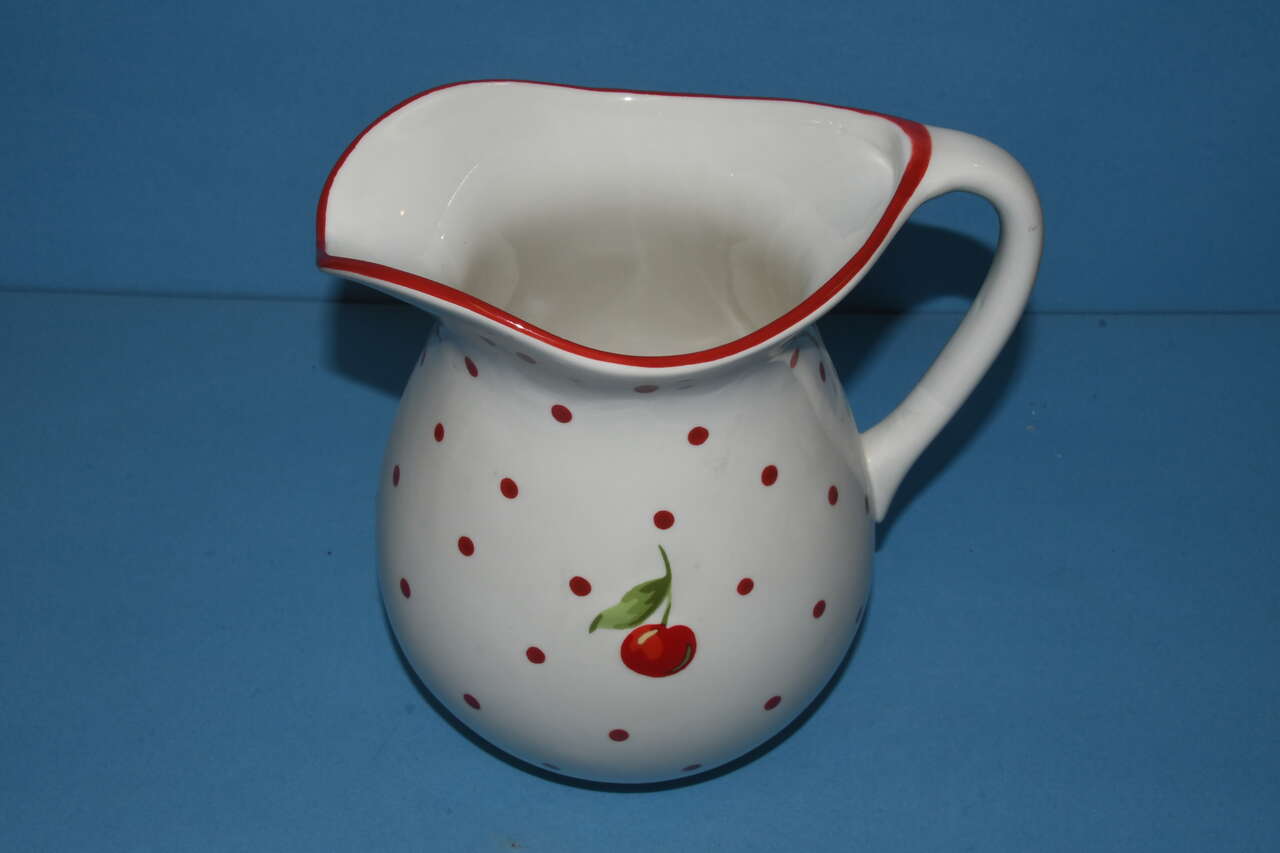 HALLMARK WHITE PITCHER with RED POLKA DOTS & CHERRY DESIGN ~ Height 9" ~ NO CHIPS!