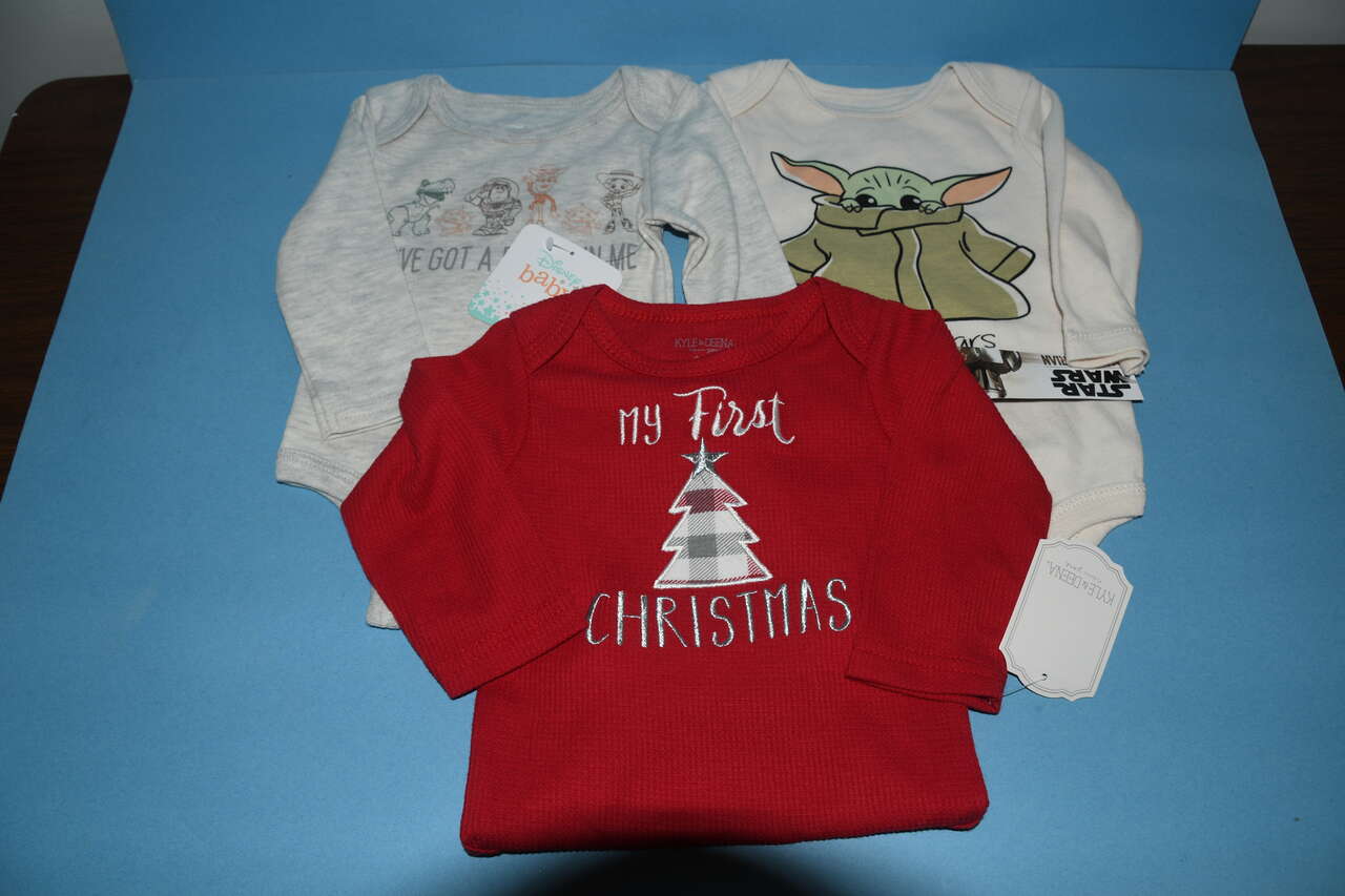 3 NWT BABY ONESIES ~ MY FIRST CHRISTMAS ~ YOU'VE GOT A FRIEND IN ME ~ I'M ALL EARS MANDALORIAN