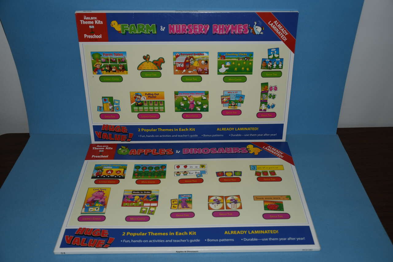 2 NEW PRESCHOOL THEME KITS ~ LAMINATED ~ APPLES & DINOSAURS ~ FARM & NURSERY RHYMES ~ GROUP, MATH, LITERACY