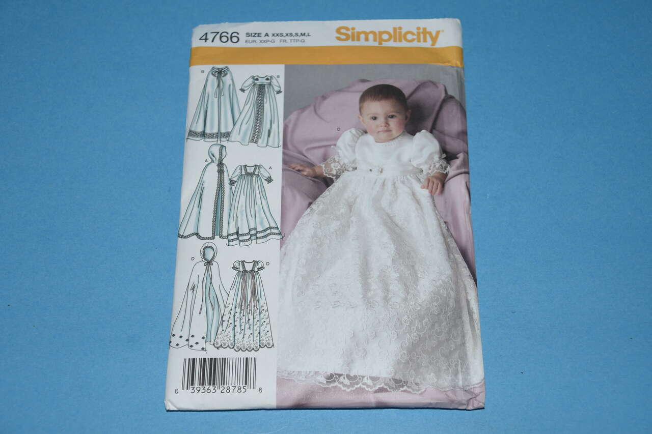SIMPLICITY 4766 "BABY CHRISTENING DRESS & CAPE" PATTERN ~ SIZE A (XXS-L) ~ UNCUT, FACTORY FOLDED