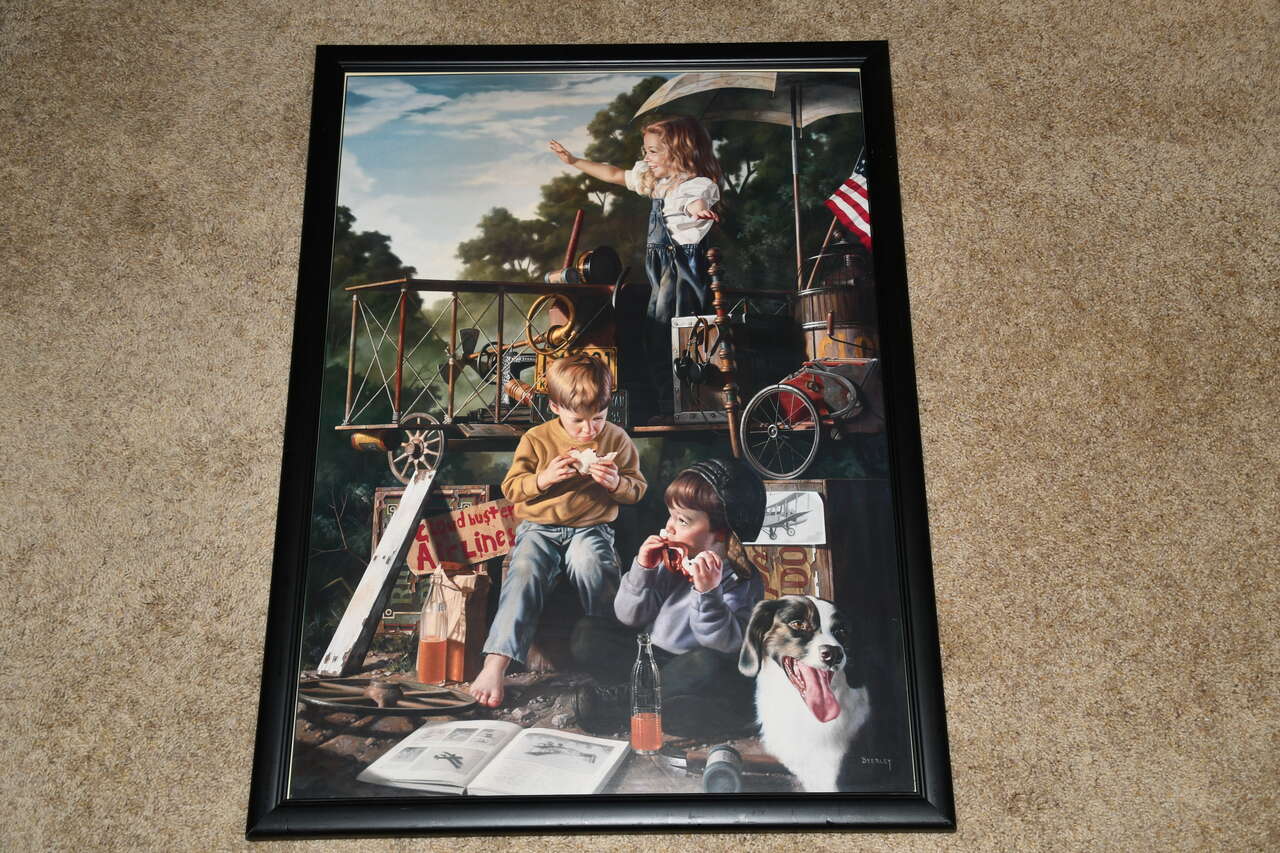 KIDS & a DOG PRETENDING TO FLY ~ 22" x 30" FRAMED ~ AIRPLANE ~ CUTE PICTURE!
