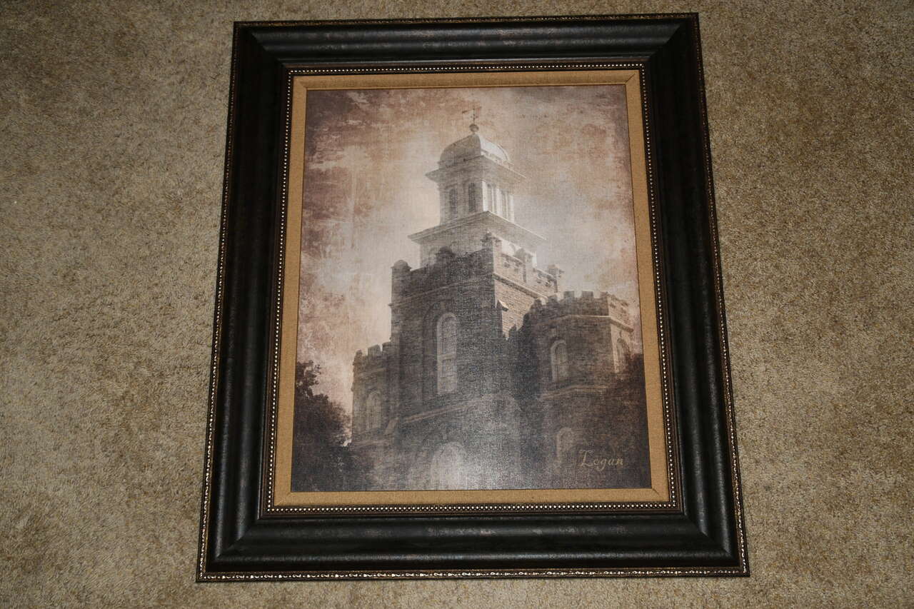 LOGAN TEMPLE PICTURE ~ SEPIA TONED ~ TEXTURED ~ 26" x 31" FRAMED ~ BEAUTIFUL!