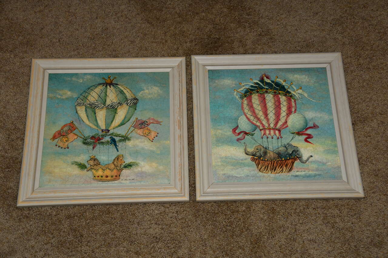 Set of 2 CHILDREN'S BEDROOM/PLAYROOM PRINTS ~ TEXTURED ~ 14" x 14" FRAMED ~ ANIMALS ~ BALLOONS ~ CUTE!