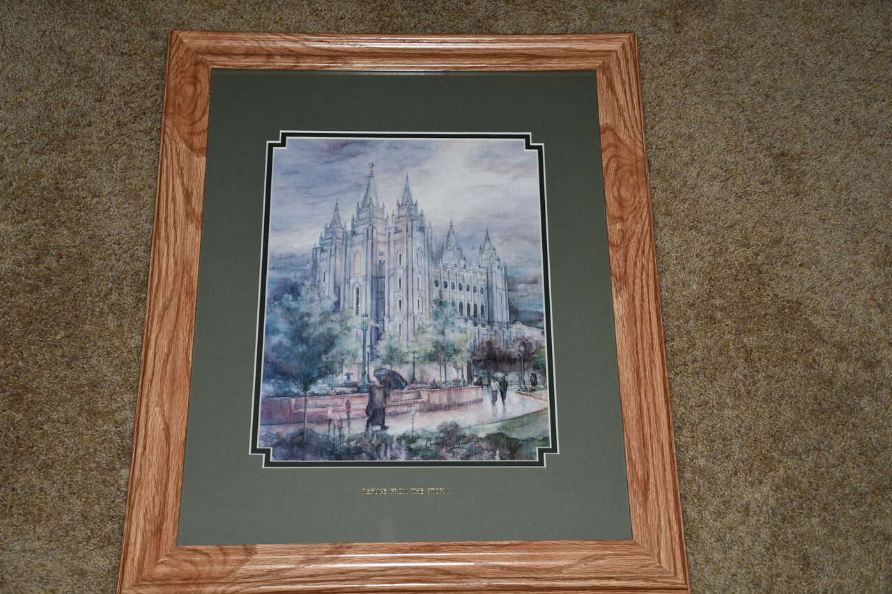"REFUGE FROM THE STORM" SALT LAKE TEMPLE PICTURE ~ CORTNEY LUNT ~ 19" x 24" FRAMED