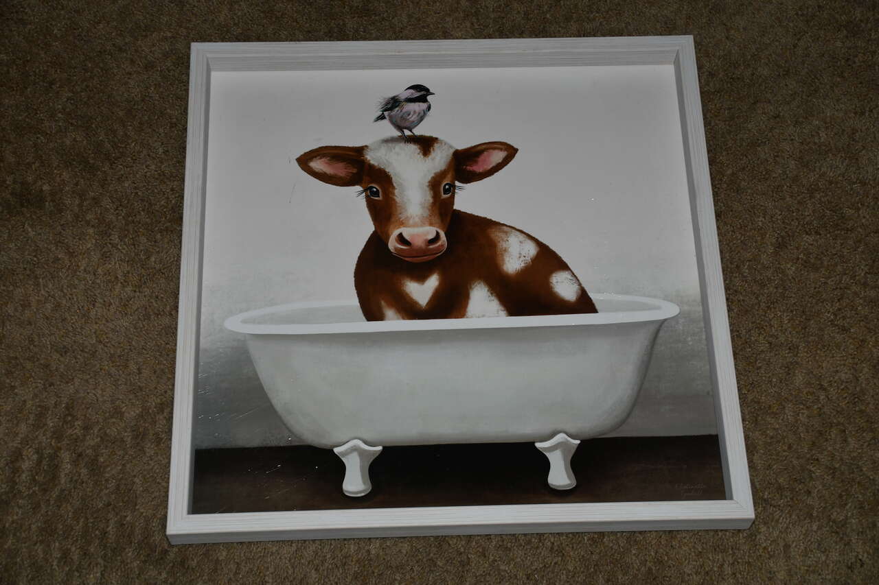 "COW IN A BATHTUB" PICTURE ~ 19" x 19" FRAMED ~ TEXTURED ~ CUTE!