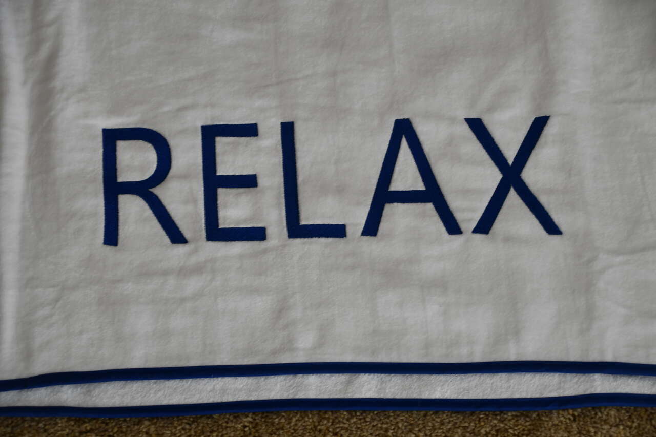 NEW CHICO'S BEACH TOWEL ~ EMBROIDERED "RELAX" ~ 40" x 68" ~ 100% COTTON ~ HIGH QUALITY ~ VERY NICE!