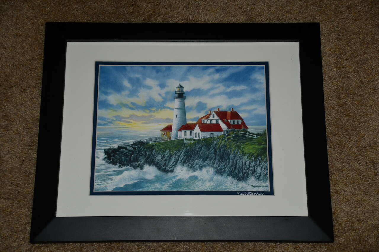 "PORTLAND HEADLIGHT" LIGHTHOUSE PICTURE (CAPE ELIZABETH MAINE) ~ SIGNED KRISTIANSEN ~ 13" x 16" FRAMED