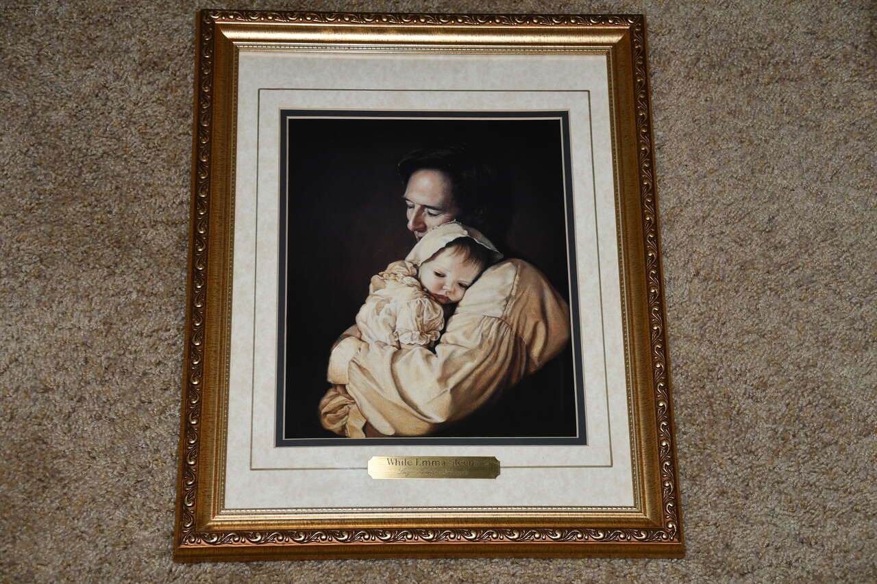 "WHILE EMMA SLEEPS" PICTURE ~ JOSEPH & BABY ~ 13" x 16" FRAMED ~ LIZ LEMON SEINDLE ~ NICE!