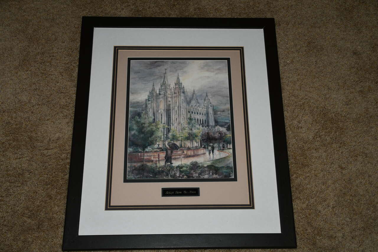SALT LAKE TEMPLE "REFUGE FROM THE STORM" PICTURE ~ 22" x 26" FRAMED ~ NICE!