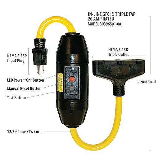 Tower Manufacturing 30396501-08 Manual-Reset 20 AMP Inline GFCI Triple Tap Cord, Yellow/Black
