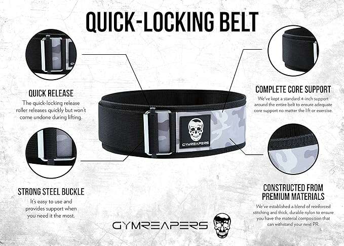 Gymreapers Quick-Locking Weightlifting Belt - 4 Inch Neoprene with Metal Buckle (White Camo) (Large)