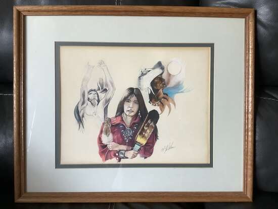Exquisite Original Native American Painting Framed and Glass 1969.