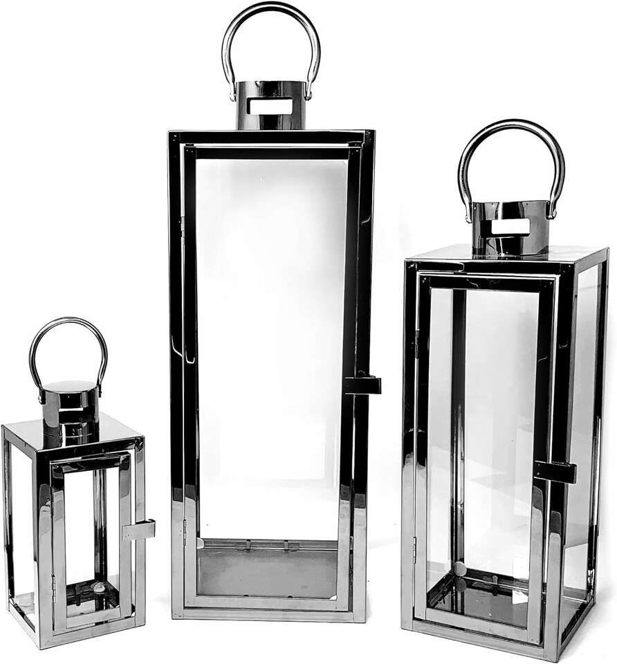 Brand New - 3-PC Jumbo Luxury Modern Indoor/Outdoor Hurricane Candle Lantern Set -Cuboid Black