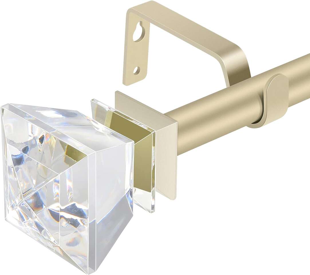 Brand New - Single Window Curtain Rod with Diamond Acrylic Finial, 66-120 inch, Champagne Gold, DAINTIER 3/4 inch