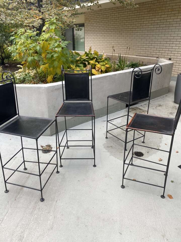 Vintage Wrought Iron & Leather Bar Stools Set
