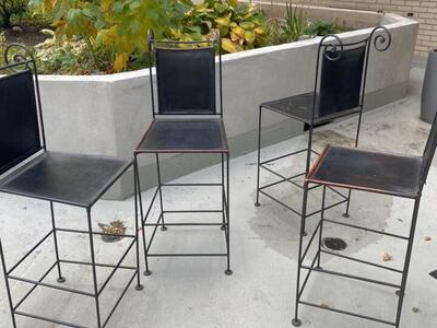 Vintage Wrought Iron & Leather Bar Stools Set