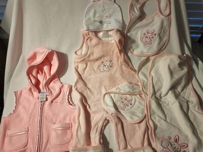 Pink child outfits and bibs. Old Navy and Bunny with hat, bibs, burp cloths